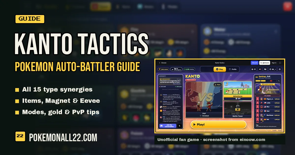 Kanto Tactics lobby screenshot with PvP, Adventures and Battle Tower