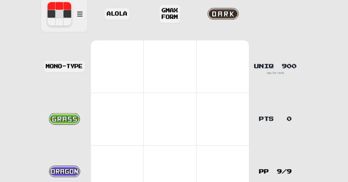 PokeDoku daily puzzle screenshot: empty 3x3 grid with Alola, GMAX Form and Dark columns