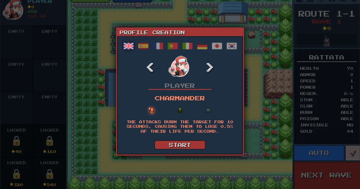 PokéPath TD screenshot: Route 1-1, profile creation with Charmander